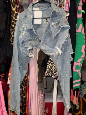 Rare Women’s Distressed Light Blue Denim Half Jacket with rhinestone Details